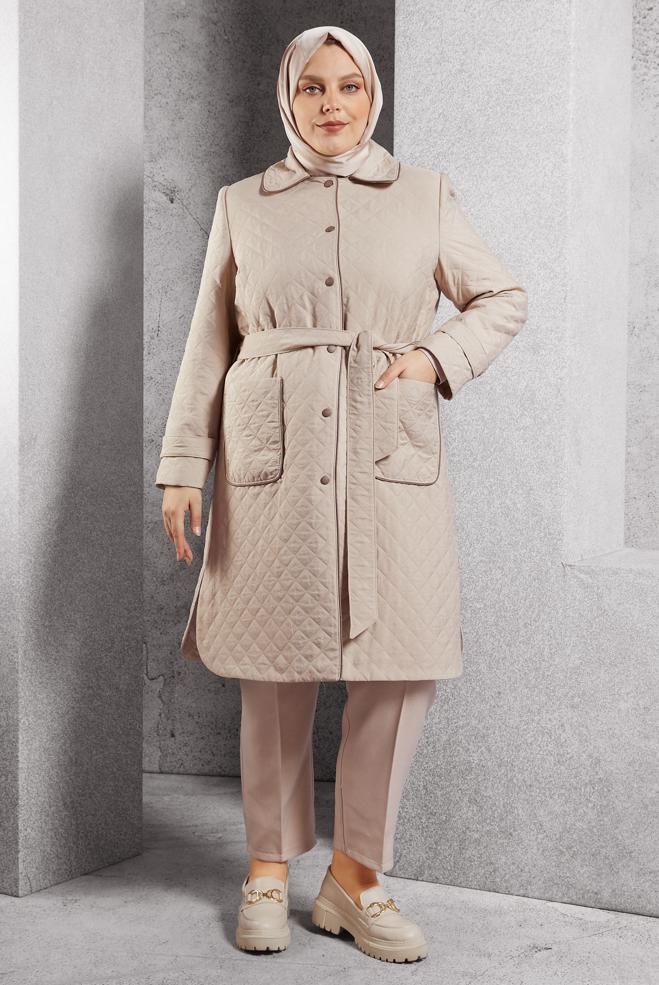 Vêtements hijab BEIGE TRENCH-COAT MATELASSÉ CEINTURÉ 10927 - ALVİNA