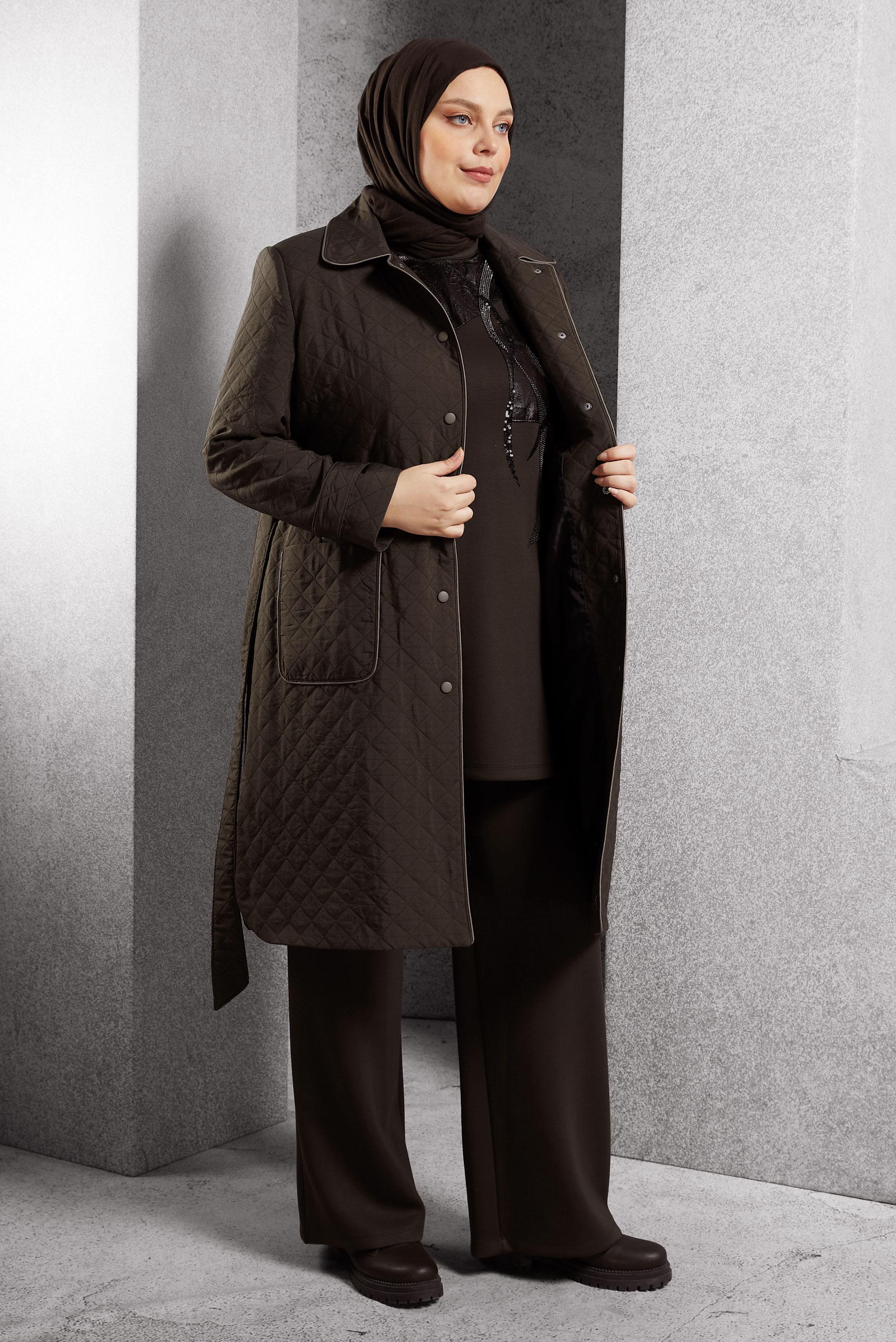 Hijab clothing BROWN BELTED QUILTED TRENCH COAT 10927