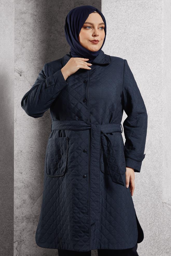 Vêtements hijab BLEU MARINE TRENCH-COAT MATELASSÉ CEINTURÉ 10927 - ALVİNA