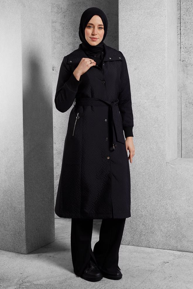 Vêtements hijab NOIR TRENCH-COAT CEINTURÉ 10928 - ALVİNA