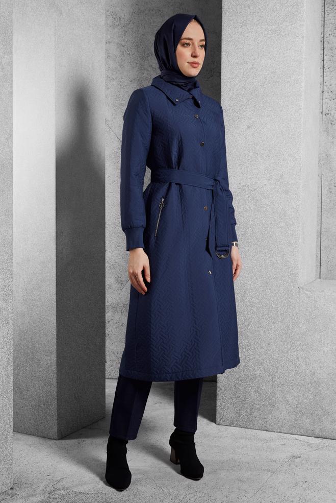 Vêtements hijab BLEU MARINE TRENCH-COAT CEINTURÉ 10928 - ALVİNA