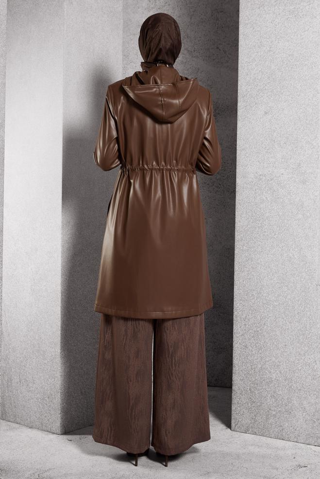 Tesettür giyim KAHVE SUNİ DERİ TRENÇKOT 10931 - ALVİNA