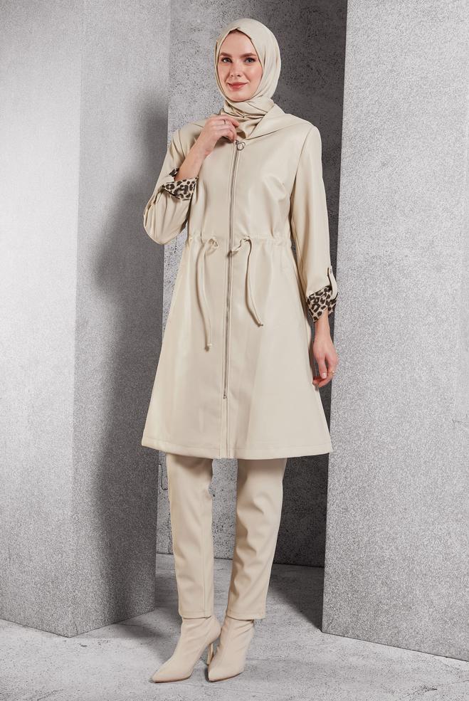 Vêtements hijab BEIGE TRENCH-COAT EN SIMILI CUIR 10931 - ALVİNA