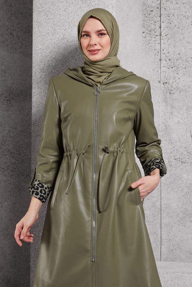 Vêtements hijab KAKI TRENCH-COAT EN SIMILI CUIR 10931 - ALVİNA