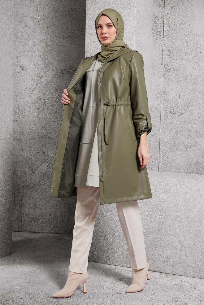 Vêtements hijab KAKI TRENCH-COAT EN SIMILI CUIR 10931 - ALVİNA