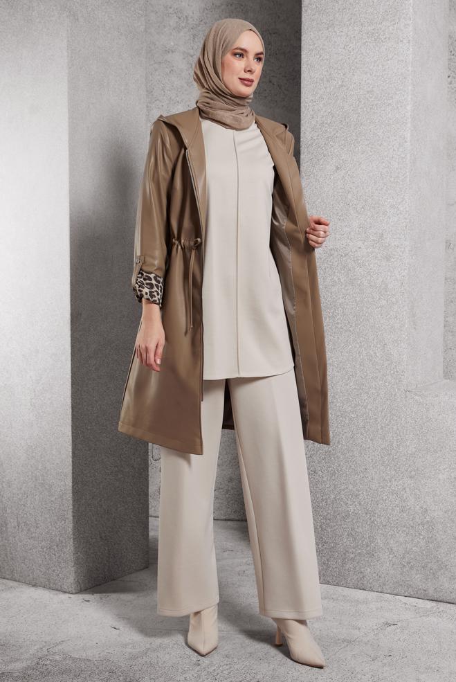 Vêtements hijab BEIGE TRENCH-COAT EN SIMILI CUIR 10931 - ALVİNA