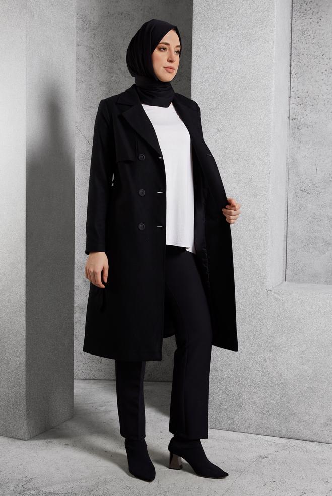 Vêtements hijab NOIR TRENCH-COAT CEINTURÉ 10932 - ALVİNA