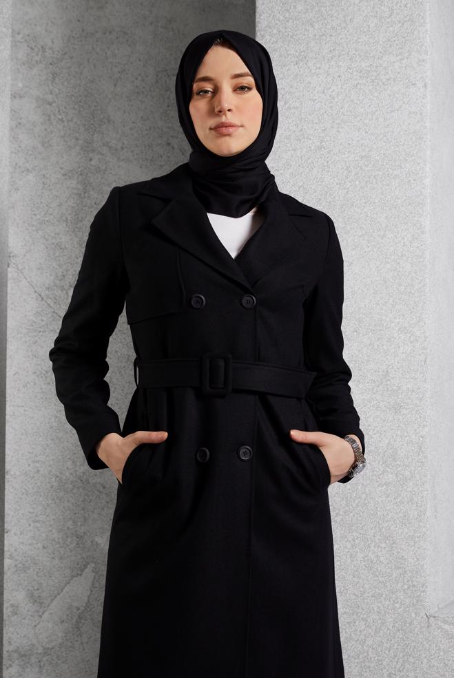 Vêtements hijab NOIR TRENCH-COAT CEINTURÉ 10932 - ALVİNA