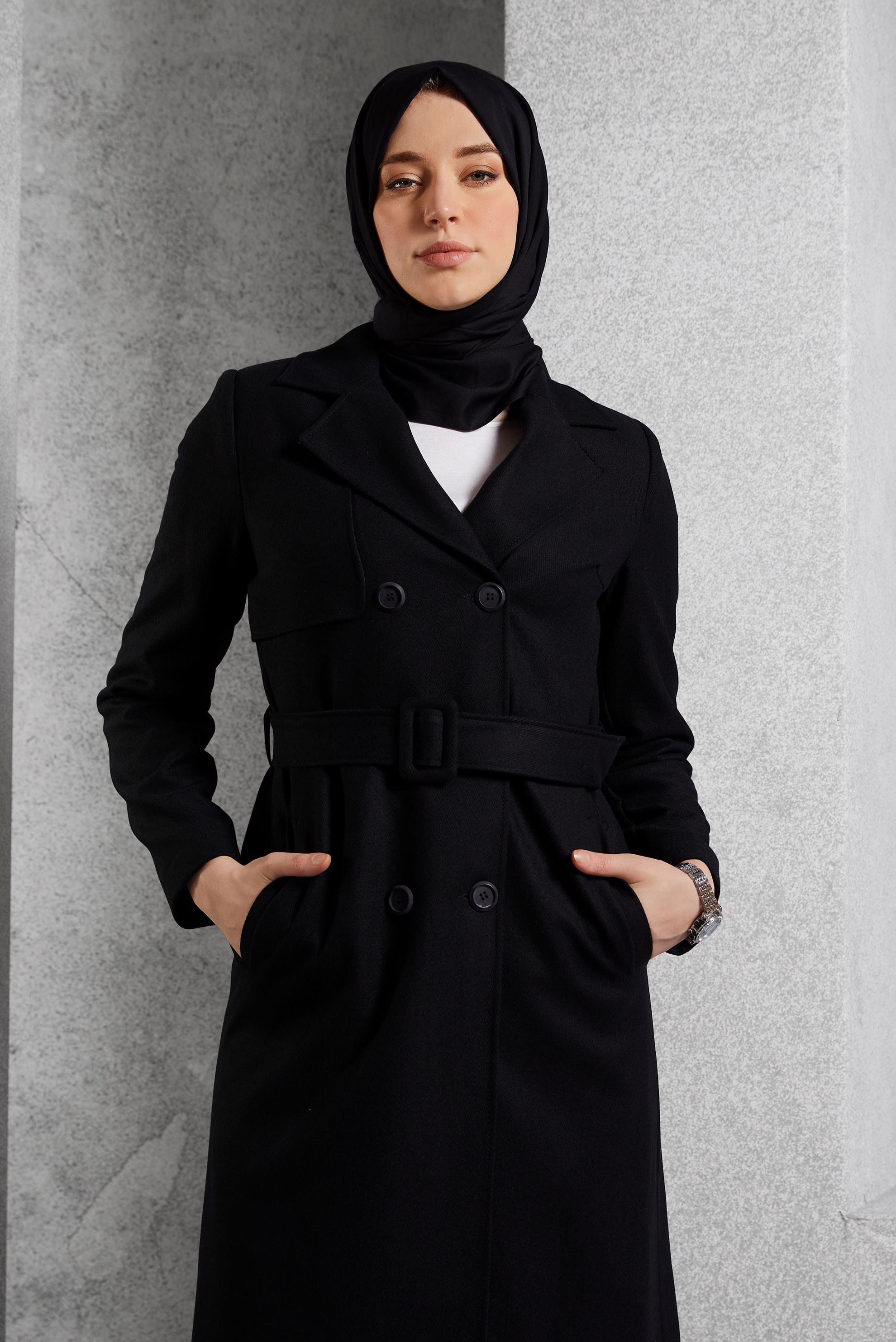 Vêtements hijab NOIR TRENCH-COAT CEINTURÉ 10932