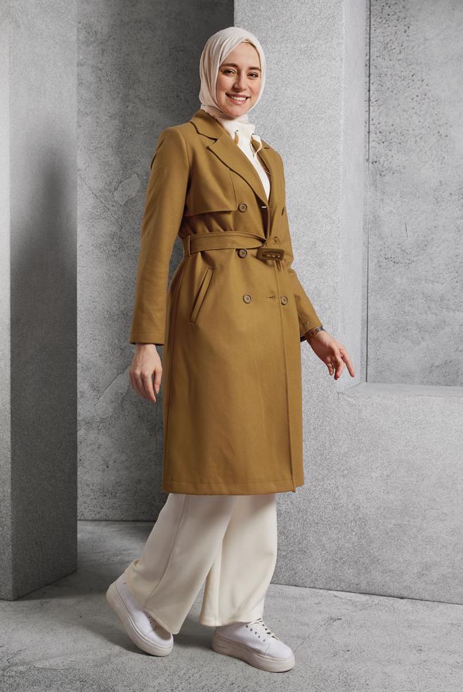 Vêtements hijab JAUNE TRENCH-COAT CEINTURÉ 10932 - ALVİNA