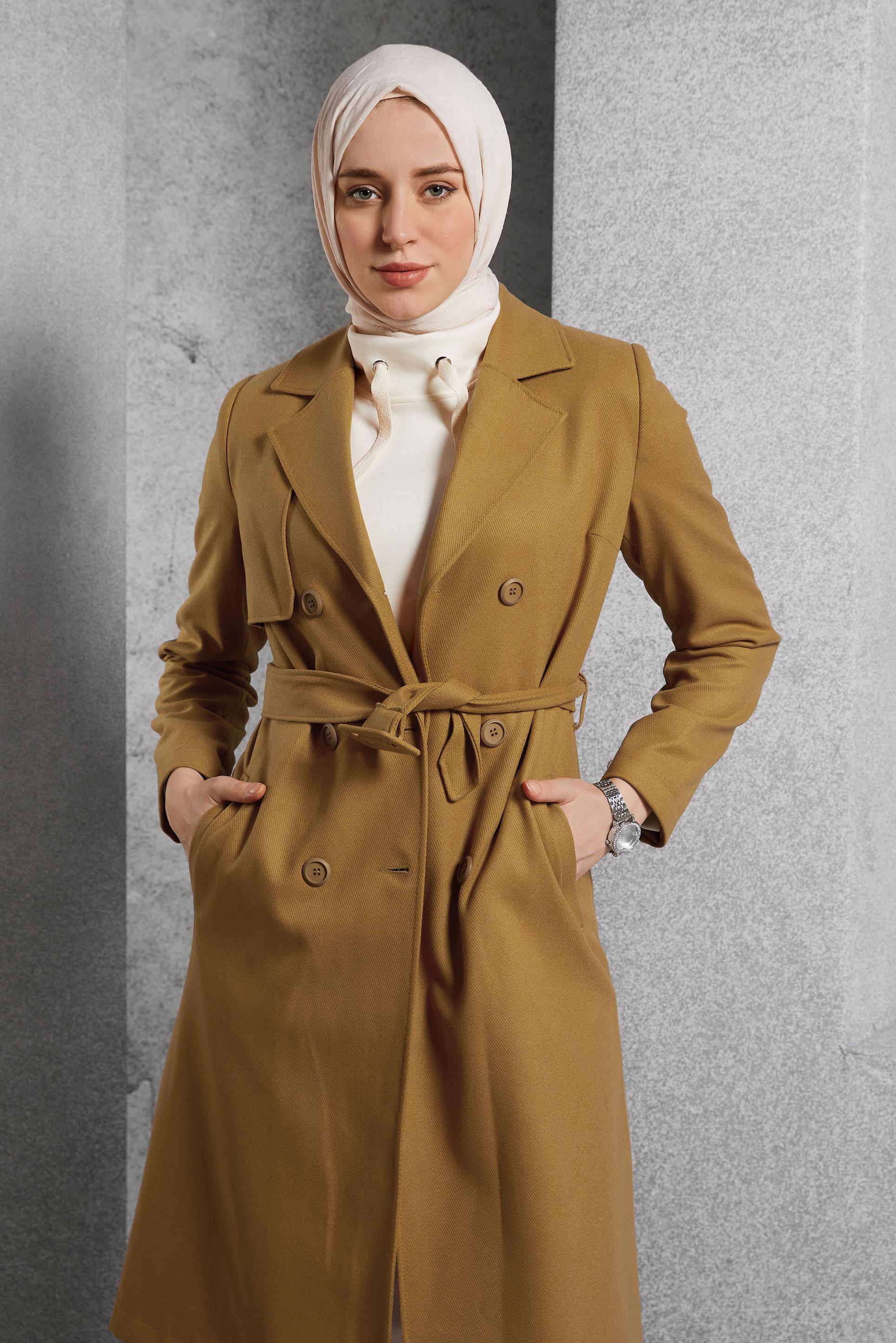 Vêtements hijab JAUNE TRENCH-COAT CEINTURÉ 10932
