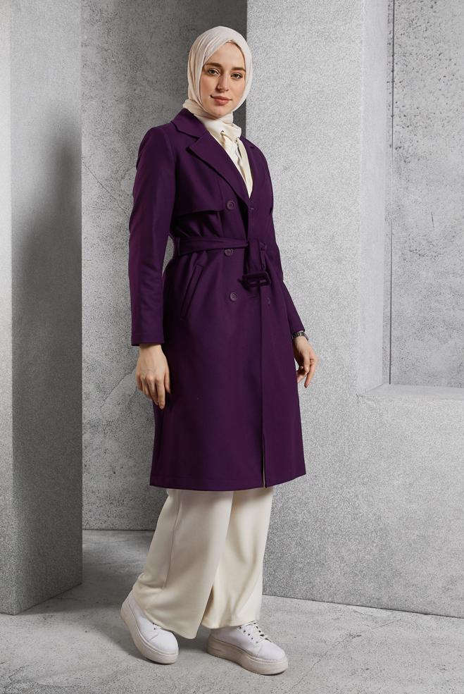 Vêtements hijab POURPRE TRENCH-COAT CEINTURÉ 10932 - ALVİNA