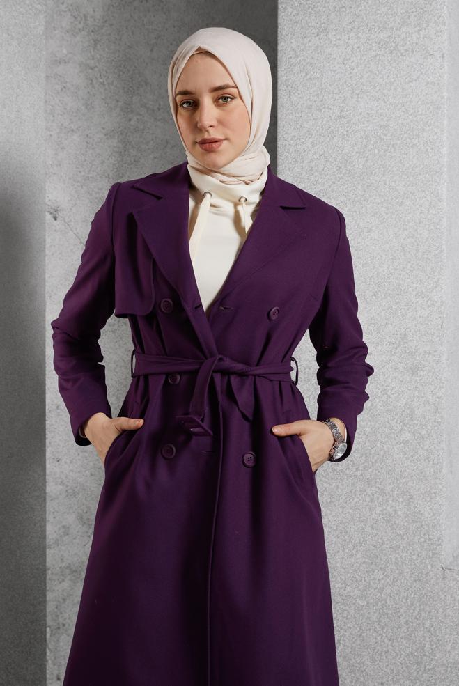 Vêtements hijab POURPRE TRENCH-COAT CEINTURÉ 10932 - ALVİNA