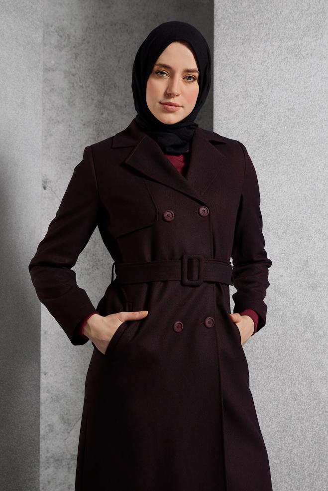 Vêtements hijab NOIR TRENCH-COAT CEINTURÉ 10932 - ALVİNA