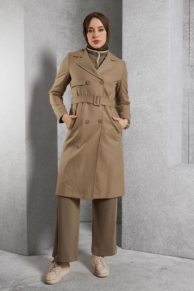 Vêtements hijab BRUN TRENCH-COAT CEINTURÉ 10932 - ALVİNA