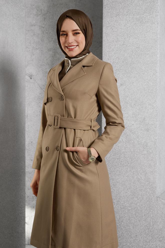 Vêtements hijab BRUN TRENCH-COAT CEINTURÉ 10932 - ALVİNA