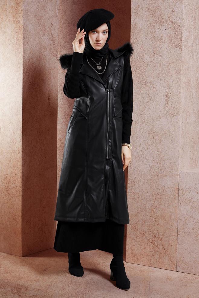 Vêtements hijab NOIR GILET EN SIMILI CUIR À CAPUCHE 10911 - ALVİNA