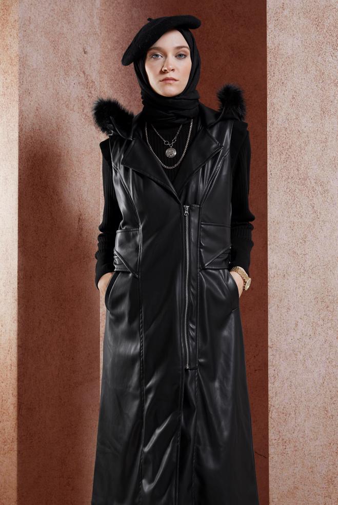 Vêtements hijab NOIR GILET EN SIMILI CUIR À CAPUCHE 10911 - ALVİNA