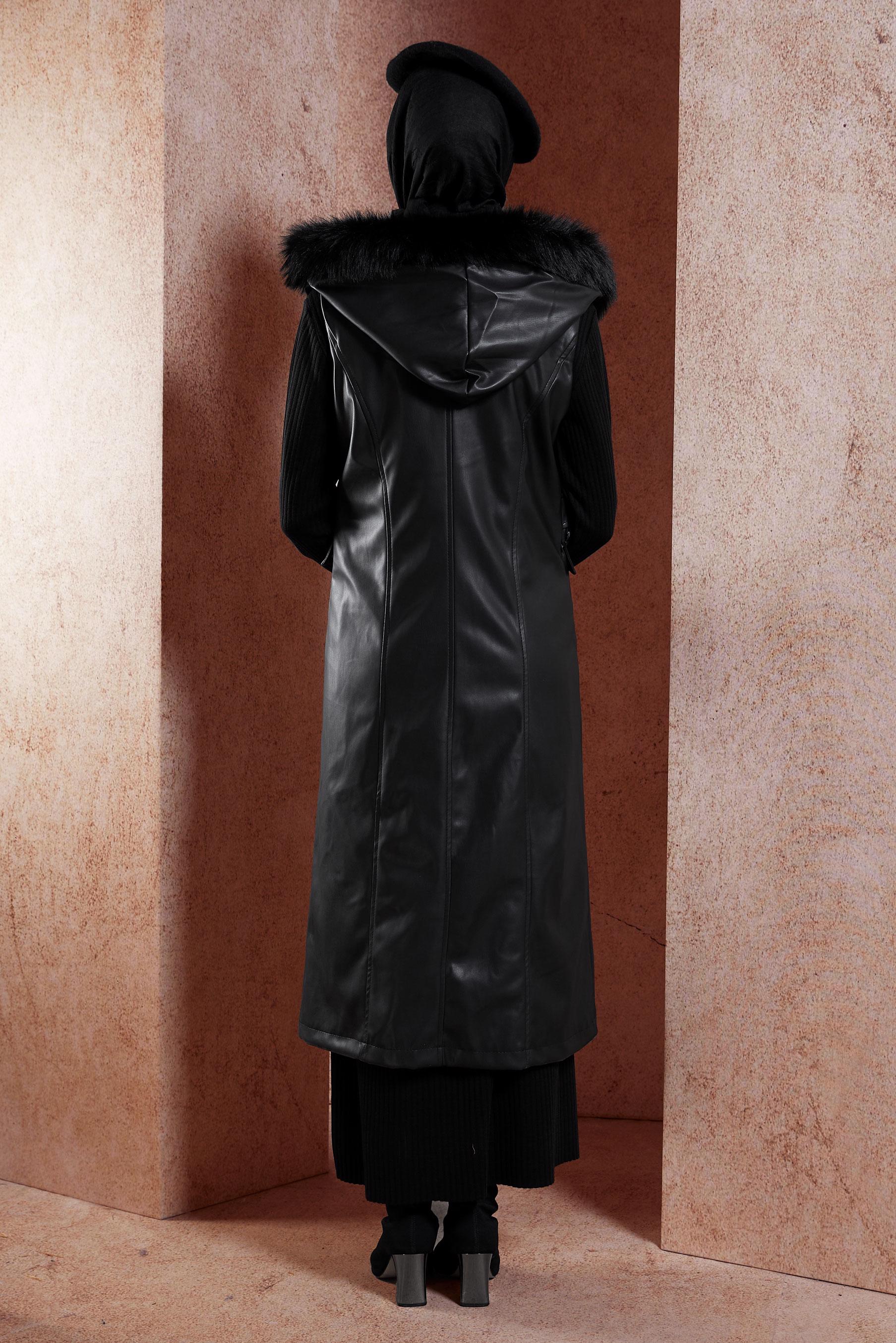 Vêtements hijab NOIR GILET EN SIMILI CUIR À CAPUCHE 10911