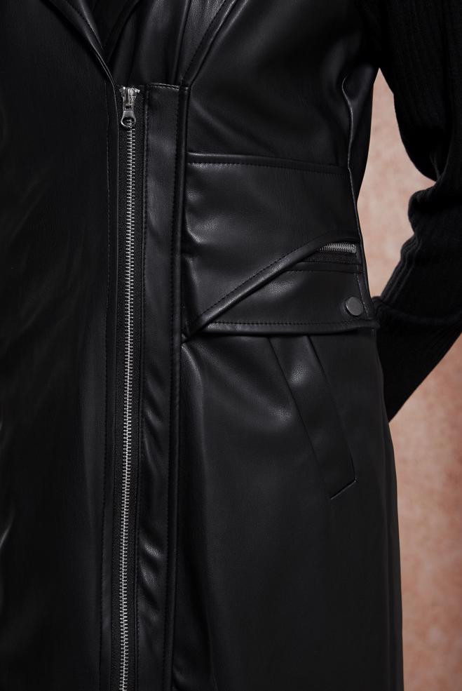 Vêtements hijab NOIR GILET EN SIMILI CUIR À CAPUCHE 10911 - ALVİNA