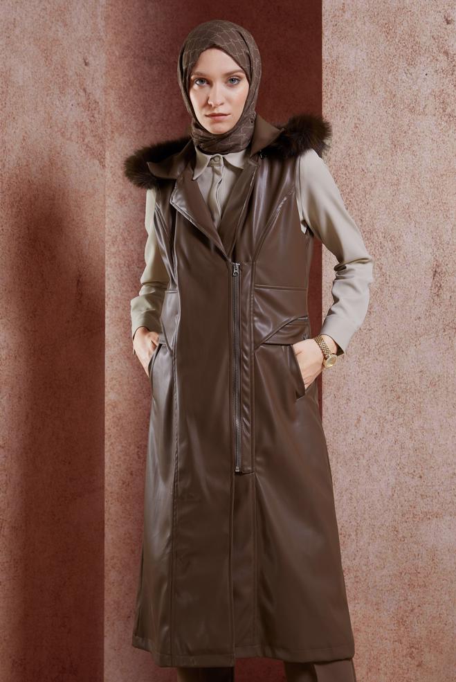 Vêtements hijab BRUN GILET EN SIMILI CUIR À CAPUCHE 10911 - ALVİNA