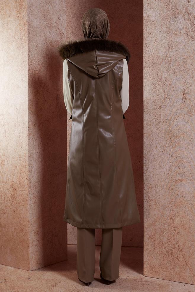 Vêtements hijab BRUN GILET EN SIMILI CUIR À CAPUCHE 10911 - ALVİNA