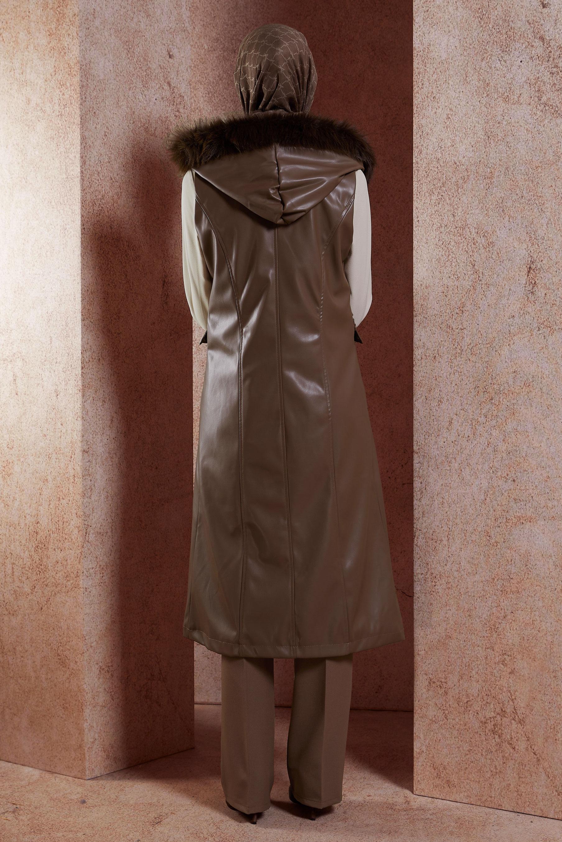 Vêtements hijab BRUN GILET EN SIMILI CUIR À CAPUCHE 10911