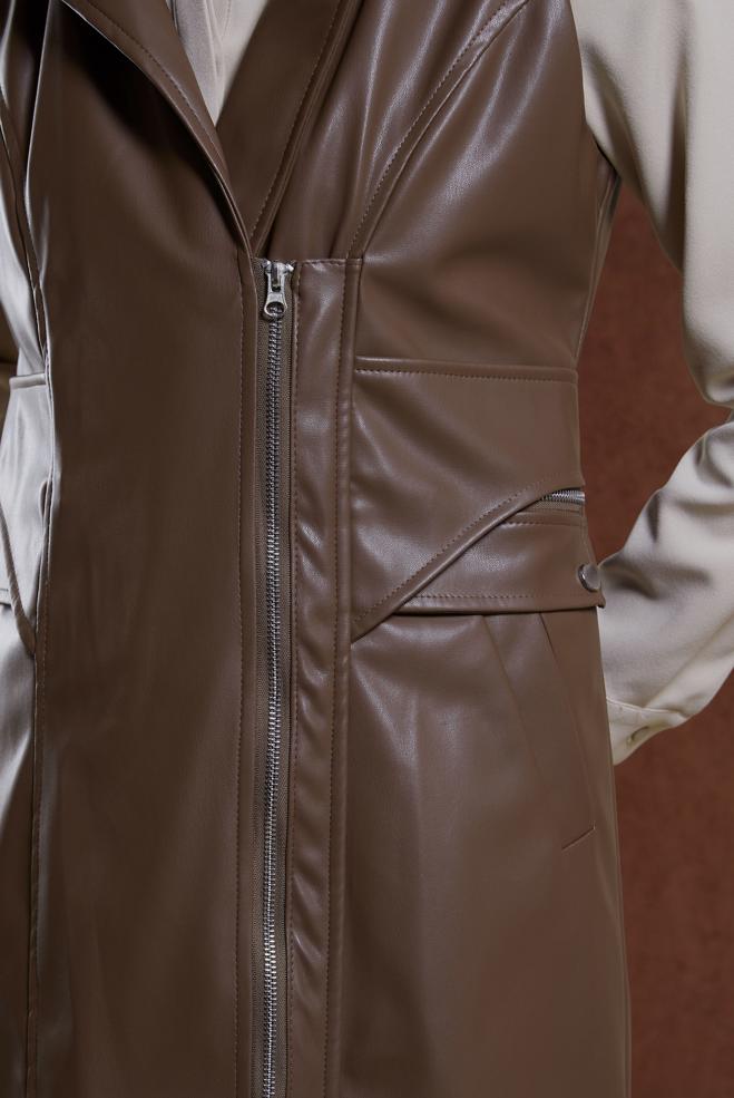 Vêtements hijab BRUN GILET EN SIMILI CUIR À CAPUCHE 10911 - ALVİNA