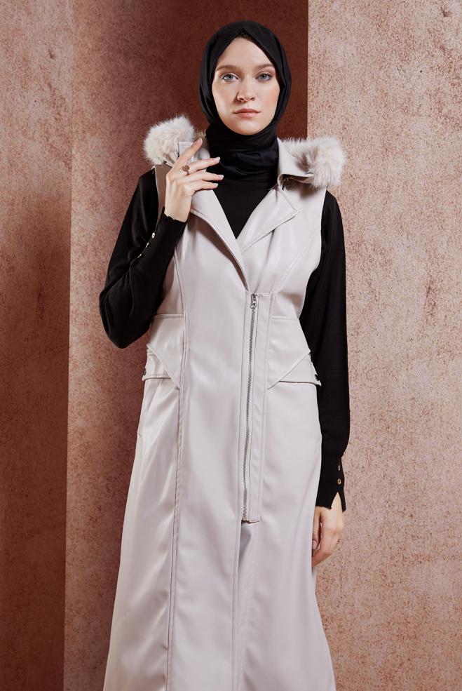 Vêtements hijab BEIGE GILET EN SIMILI CUIR À CAPUCHE 10911 - ALVİNA