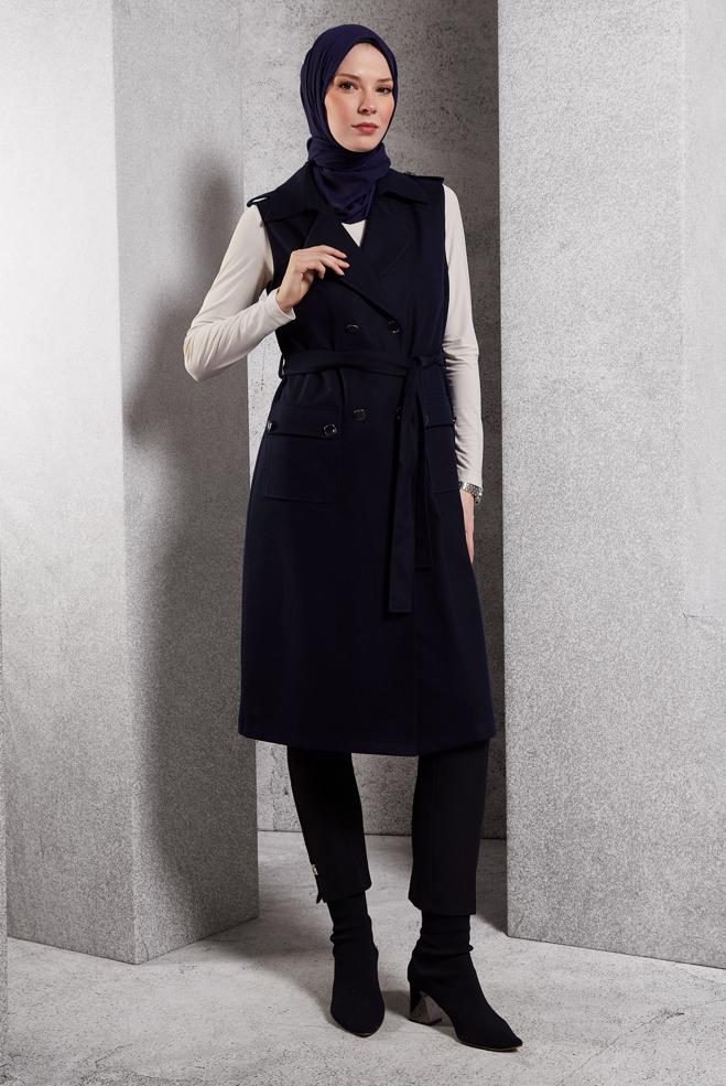Vêtements hijab BLEU MARINE GILET CEINTURÉ 45187 - ALVİNA