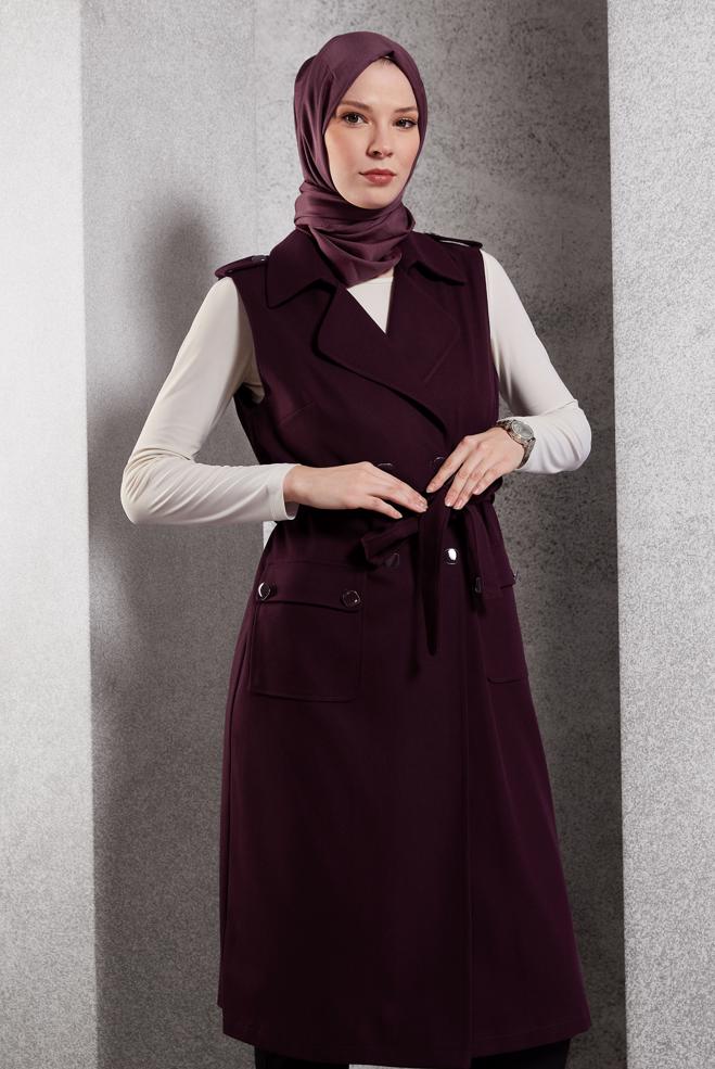 Vêtements hijab ROUGE BORDEAUX GILET CEINTURÉ 45187 - ALVİNA