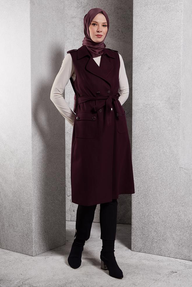 Vêtements hijab ROUGE BORDEAUX GILET CEINTURÉ 45187 - ALVİNA