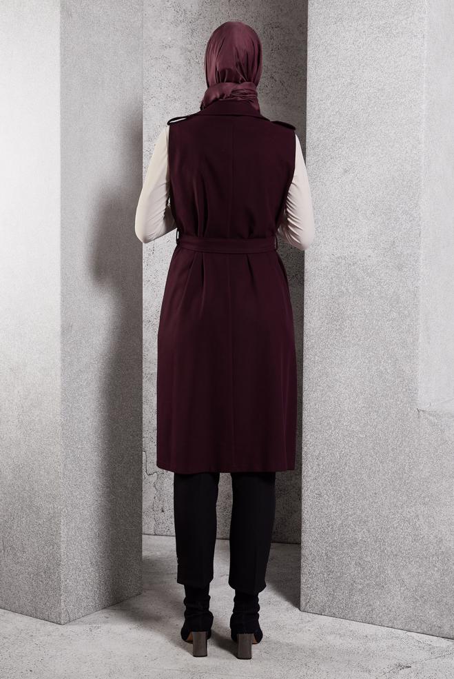 Vêtements hijab ROUGE BORDEAUX GILET CEINTURÉ 45187 - ALVİNA