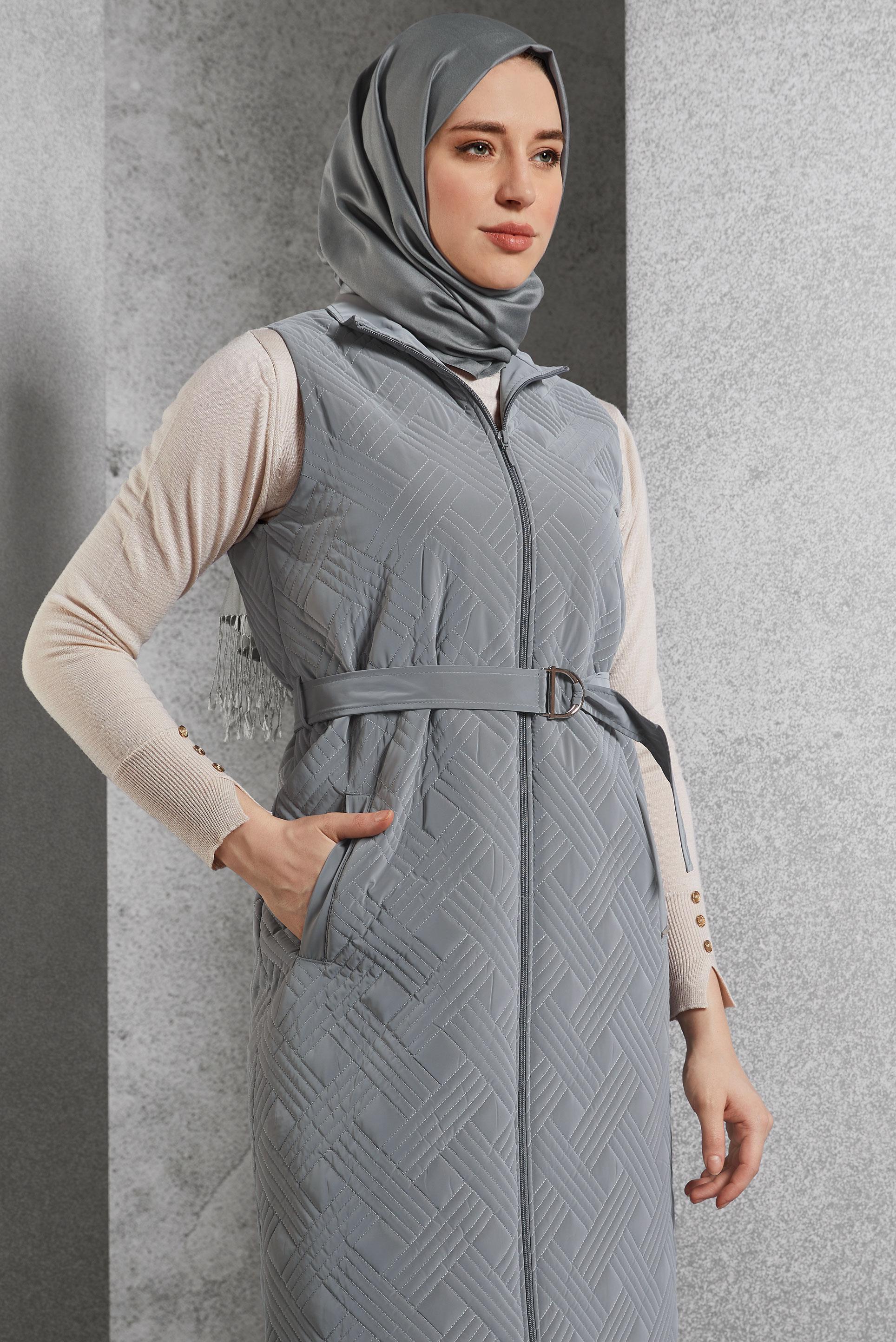 Tesettür giyim GRİ KEMERLİ YELEK 45218