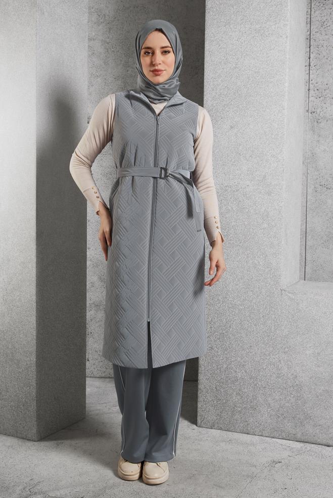 Tesettür giyim KAHVE KEMERLİ YELEK 45218 - ALVİNA
