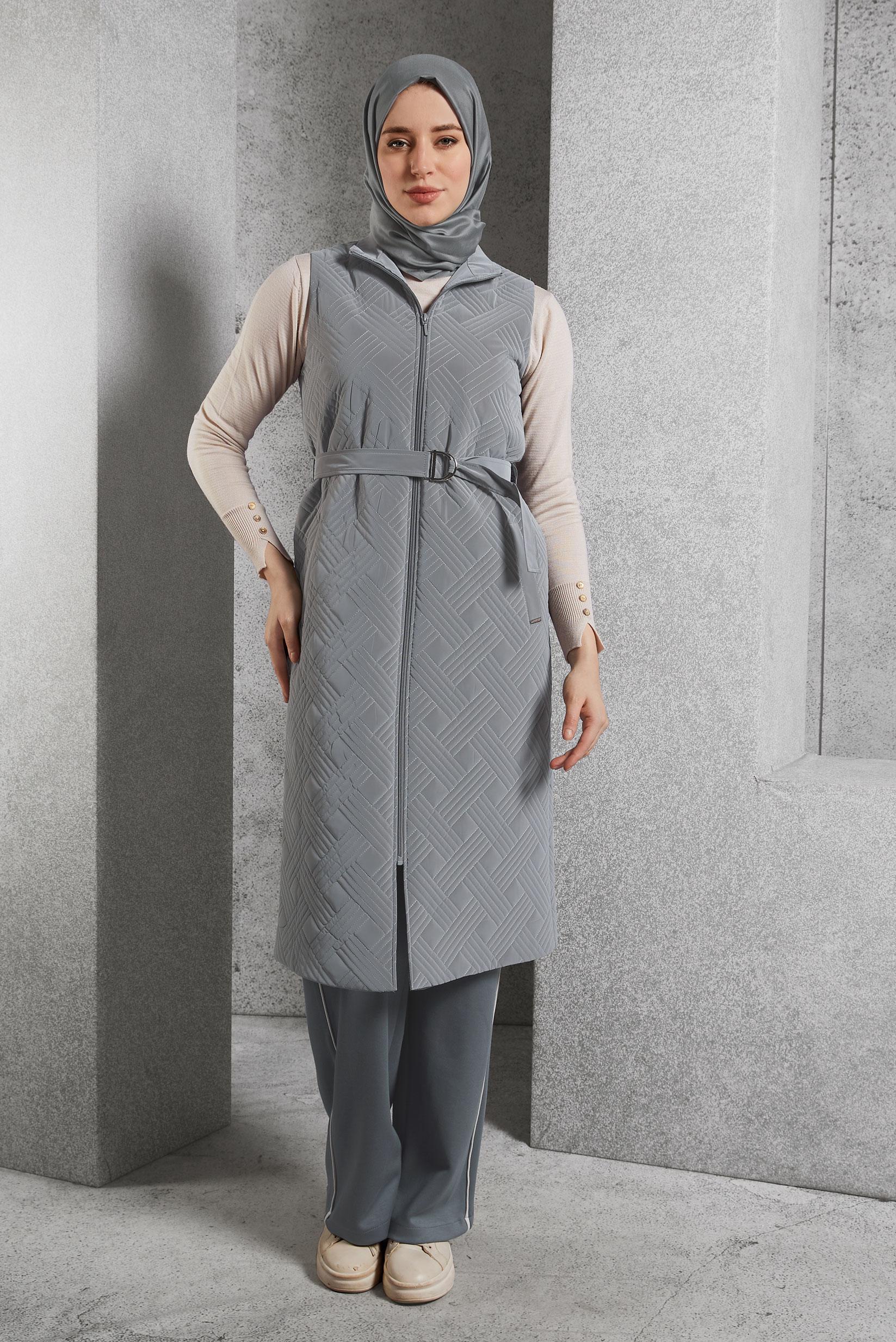Tesettür giyim GRİ KEMERLİ YELEK 45218