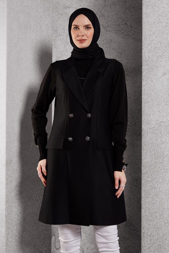 Vêtements hijab NOIR GILET À DOUBLE BOUTONNAGE 45219 - ALVİNA