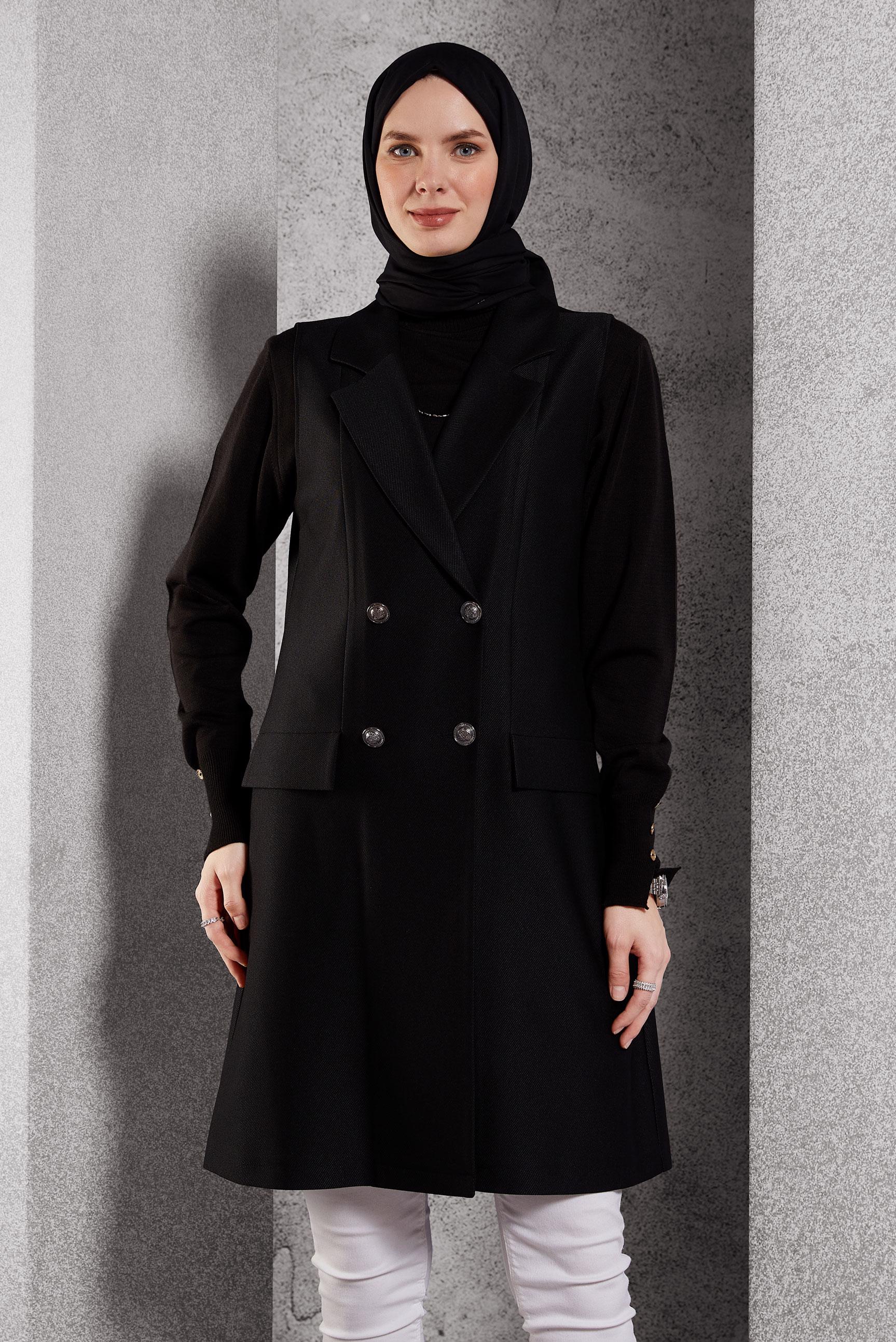 Vêtements hijab NOIR GILET À DOUBLE BOUTONNAGE 45219