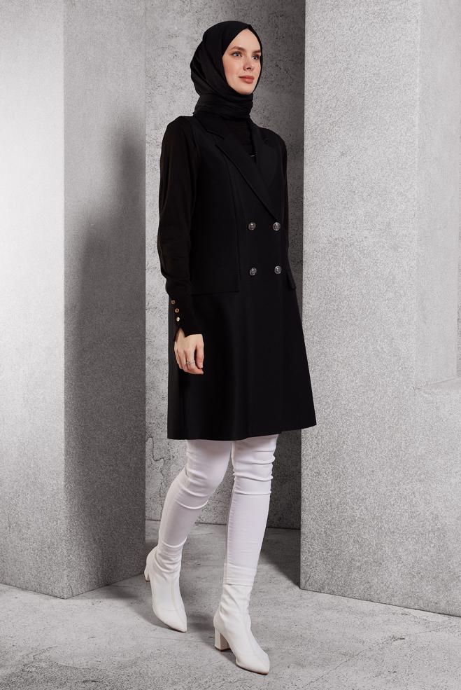 Vêtements hijab NOIR GILET À DOUBLE BOUTONNAGE 45219 - ALVİNA