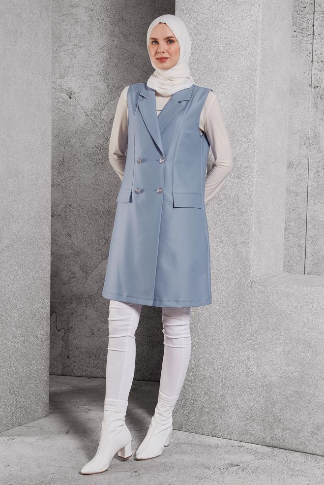 Vêtements hijab BLEU GILET À DOUBLE BOUTONNAGE 45219 - ALVİNA