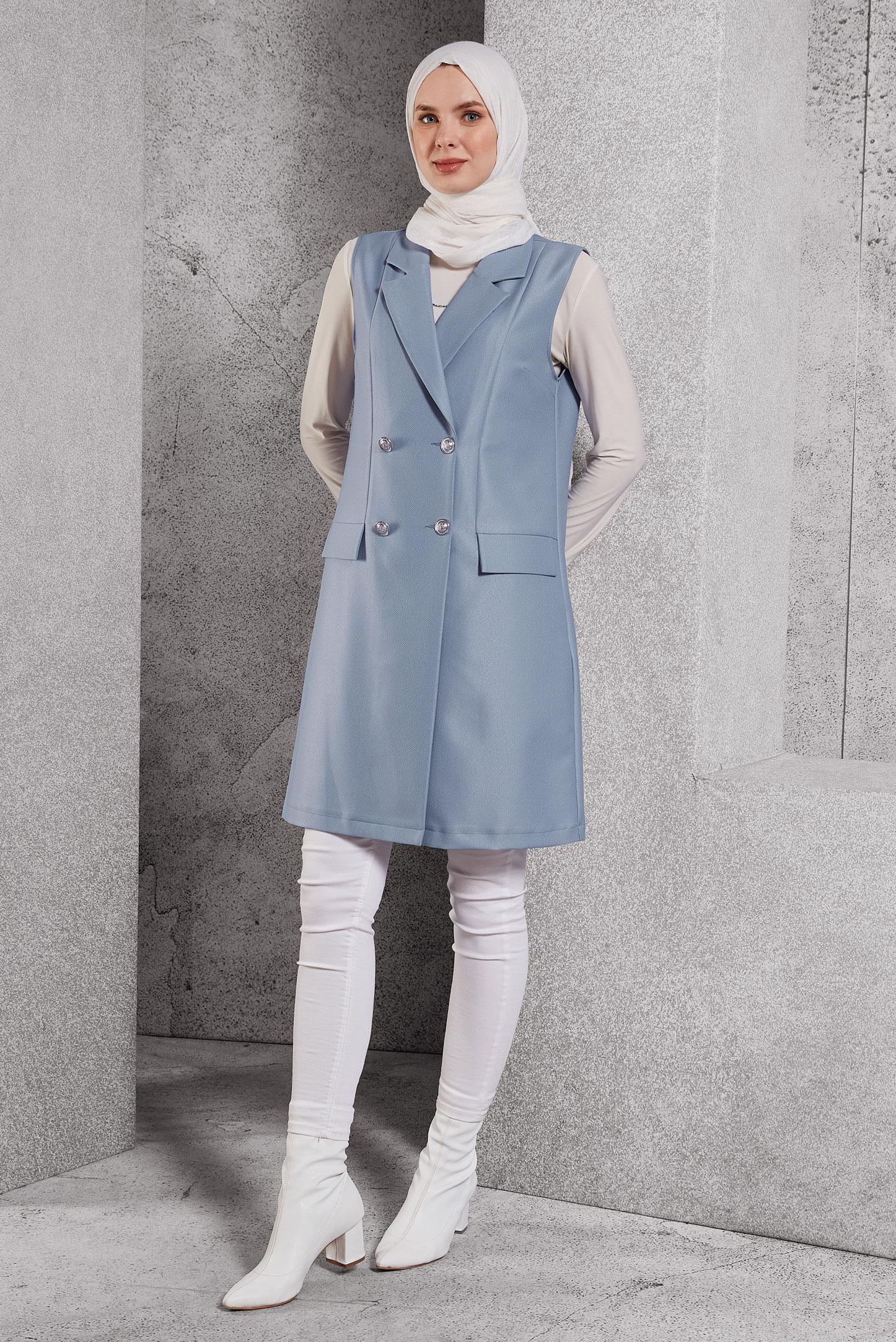 Vêtements hijab BLEU GILET À DOUBLE BOUTONNAGE 45219