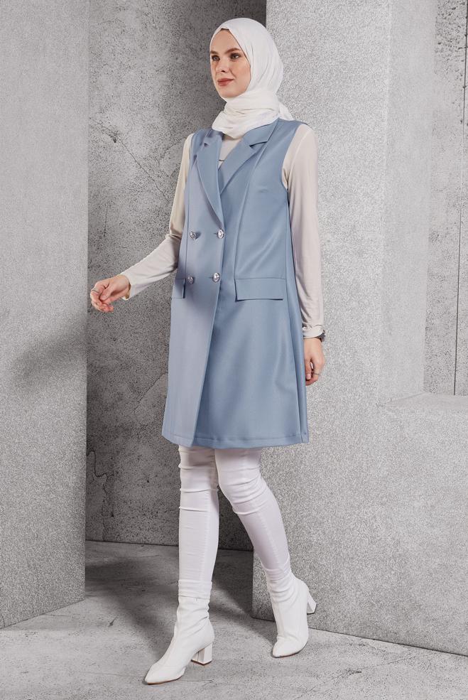 Vêtements hijab BLEU GILET À DOUBLE BOUTONNAGE 45219 - ALVİNA