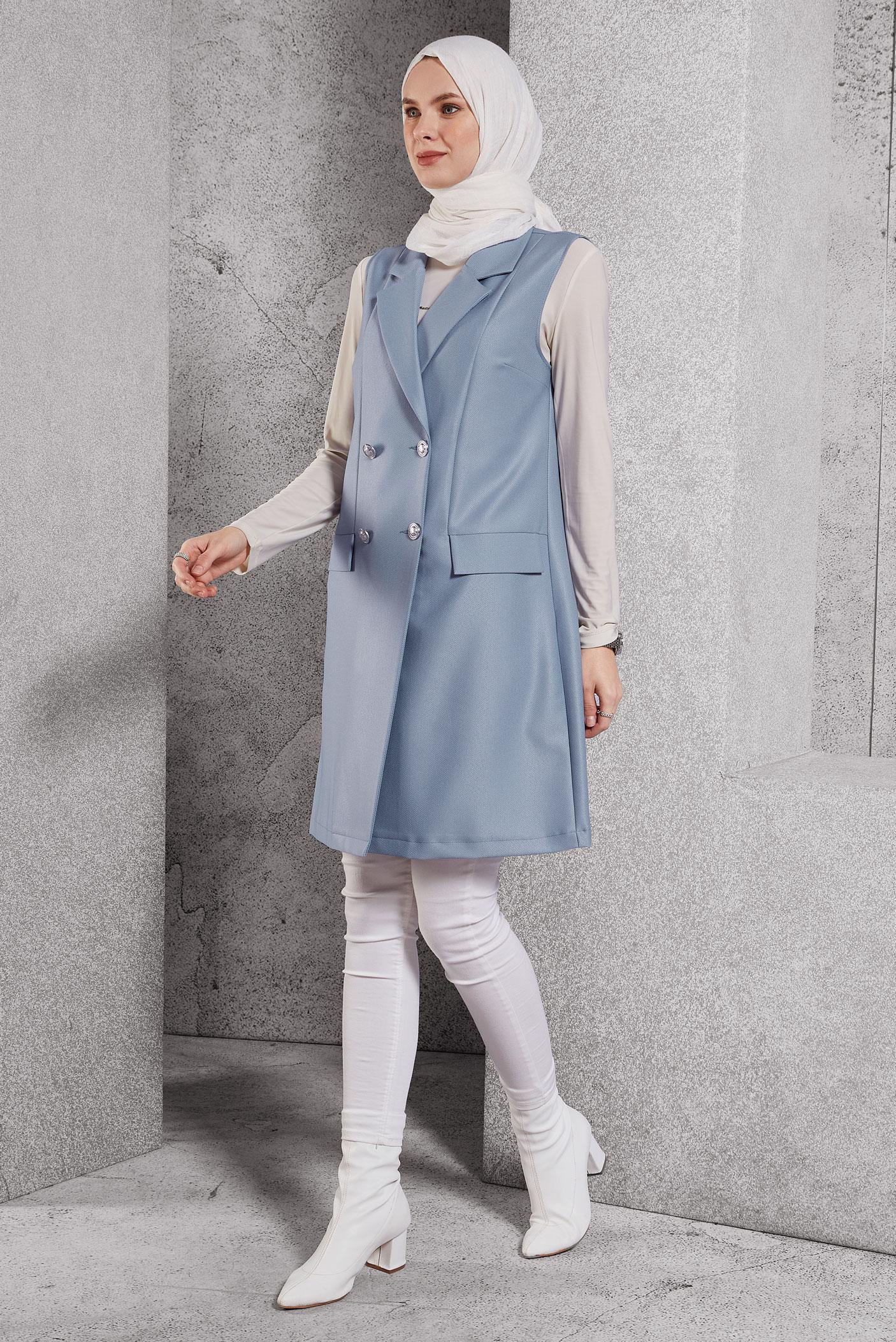 Vêtements hijab BLEU GILET À DOUBLE BOUTONNAGE 45219