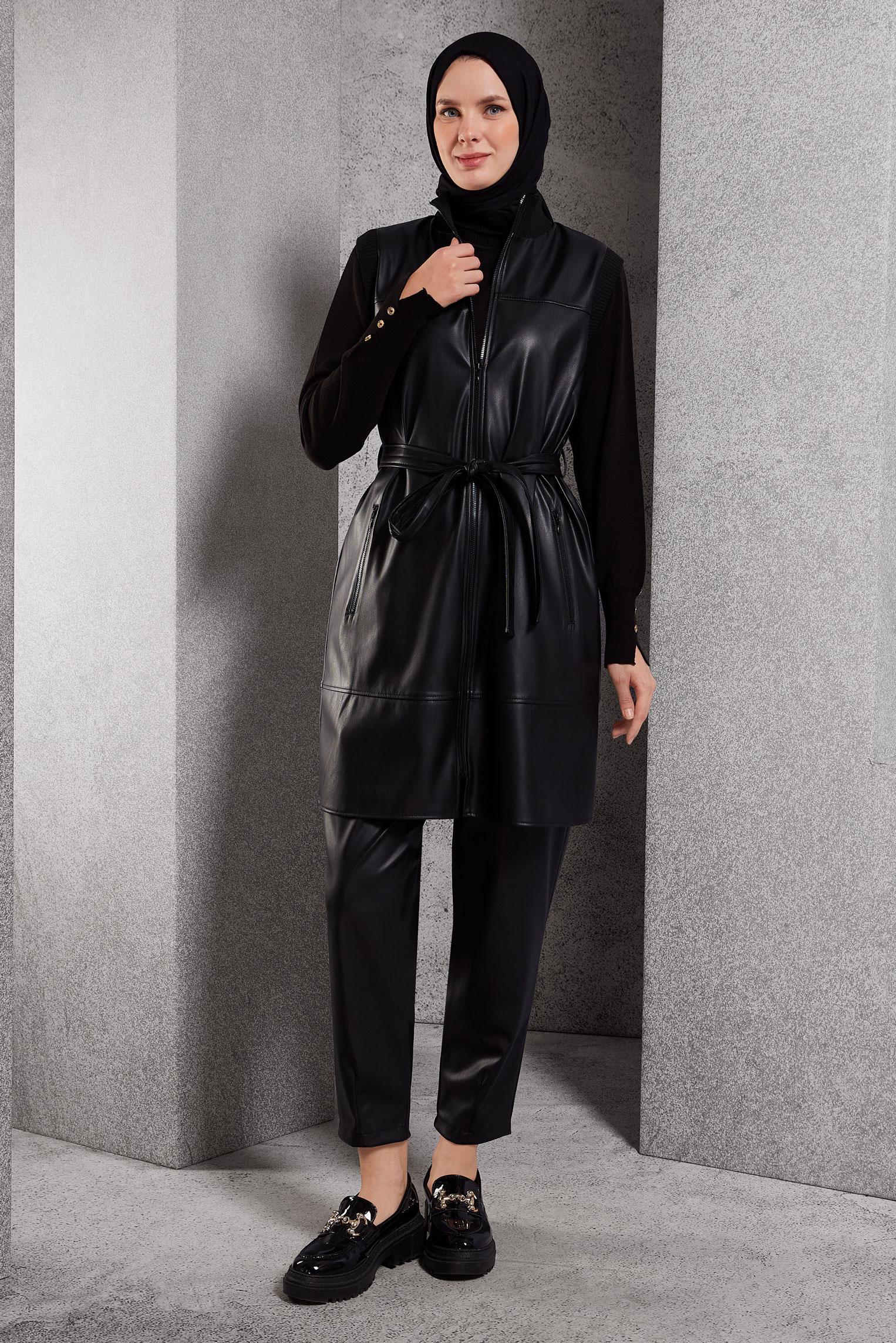 Tesettür giyim SİYAH KUŞAKLI SUNİ DERİ YELEK 45239
