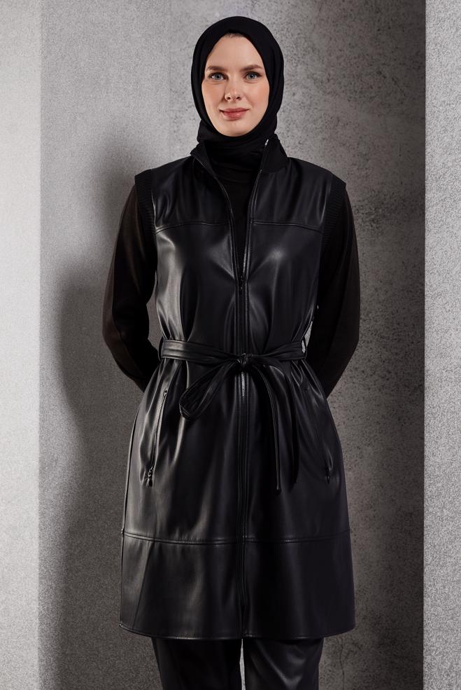 Tesettür giyim SİYAH KUŞAKLI SUNİ DERİ YELEK 45239 - ALVİNA