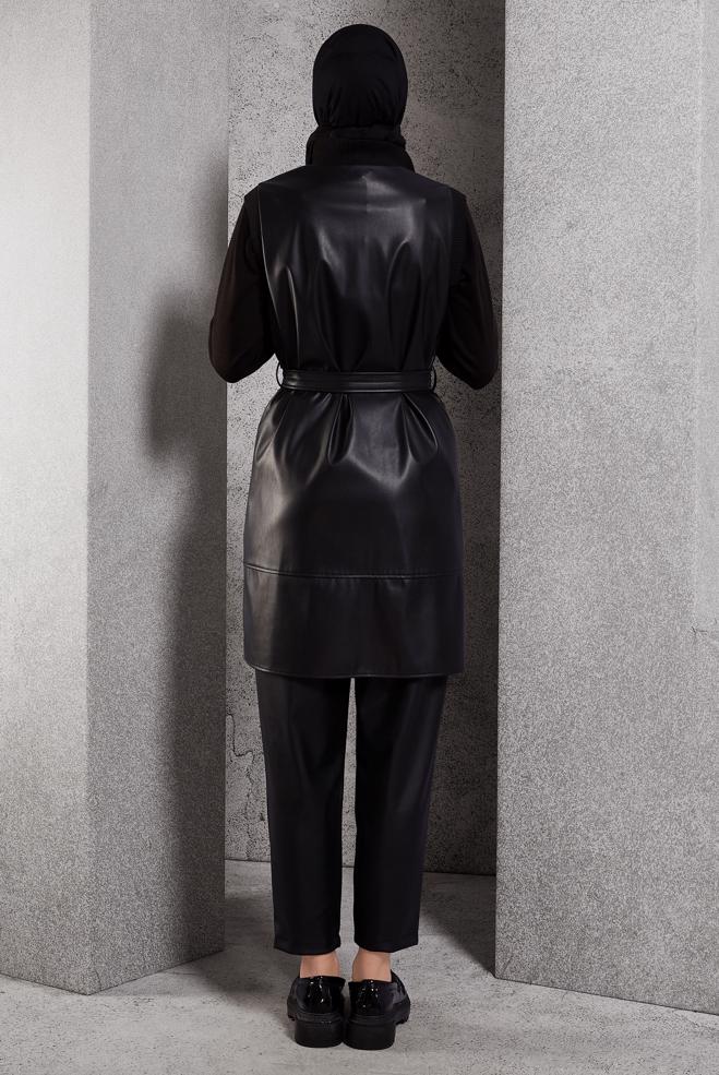 Tesettür giyim SİYAH KUŞAKLI SUNİ DERİ YELEK 45239 - ALVİNA