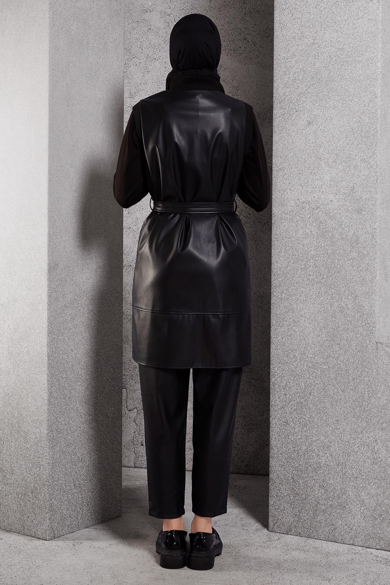 Tesettür giyim SİYAH KUŞAKLI SUNİ DERİ YELEK 45239