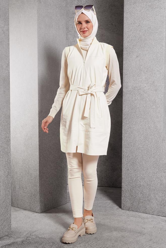 Vêtements hijab BLANC GILET EN SIMILI CUIR AVEC CEINTURE 45239 - ALVİNA