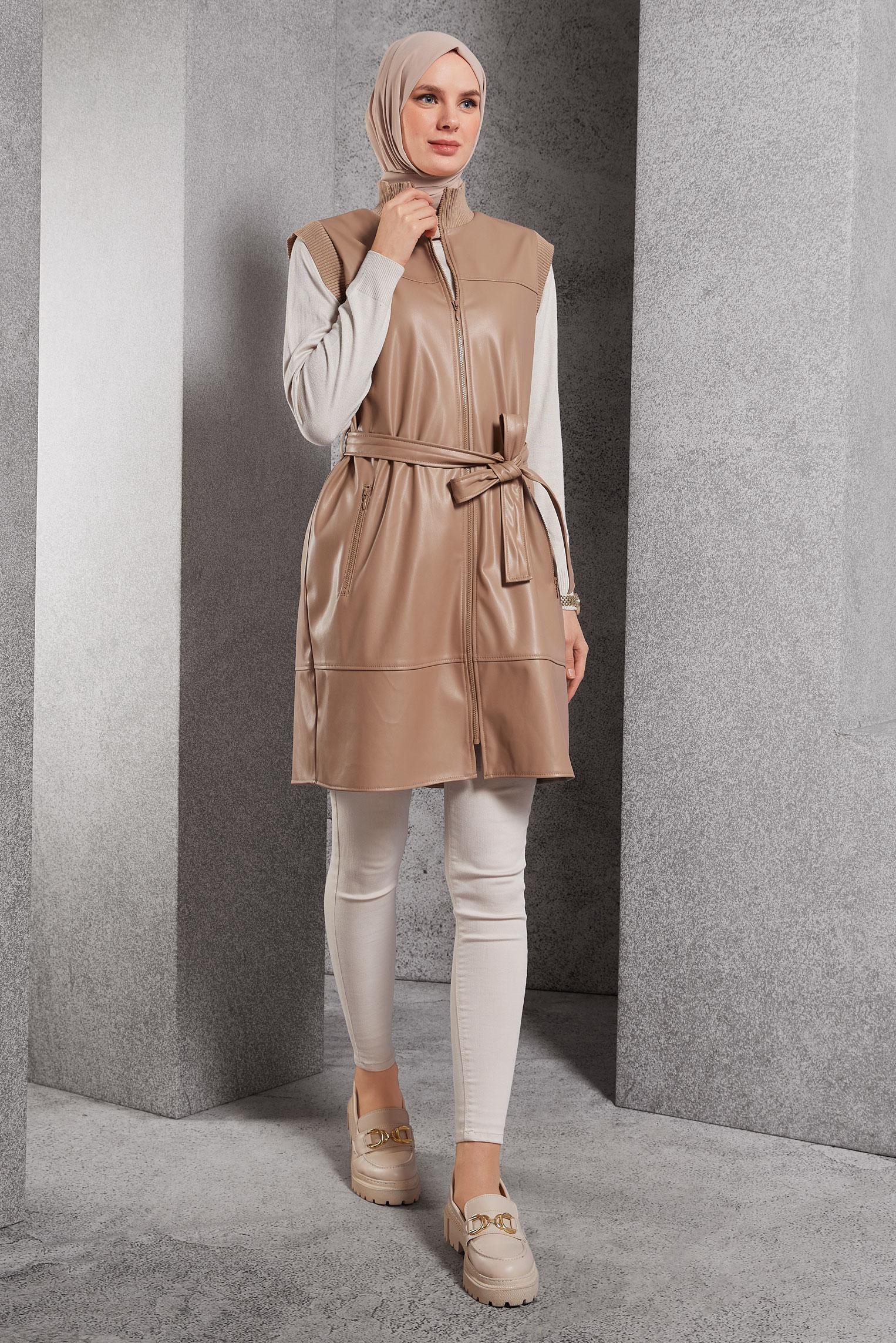 Hijab clothing BROWN BELTED FAUX LEATHER VEST 45239