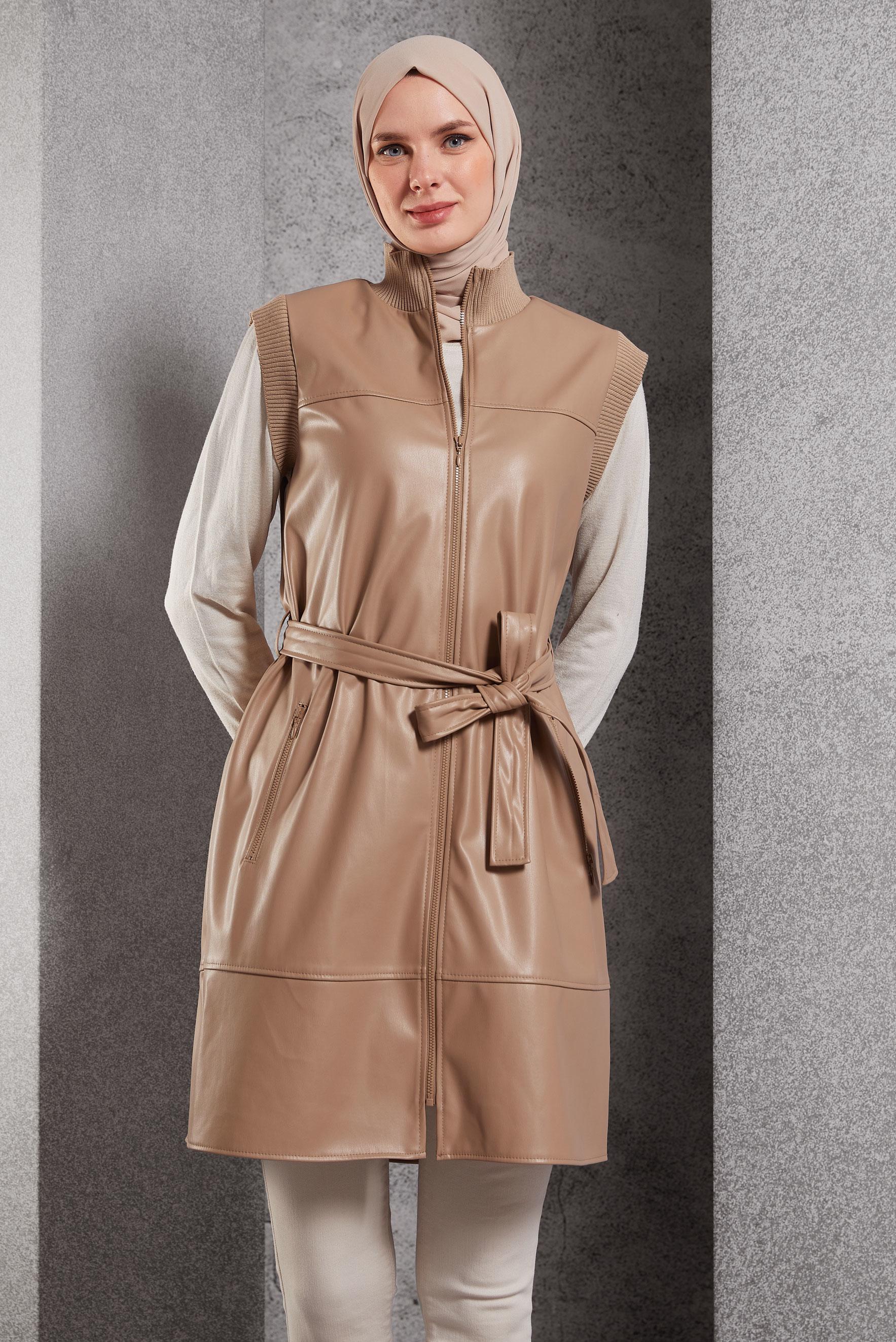 Hijab clothing BROWN BELTED FAUX LEATHER VEST 45239